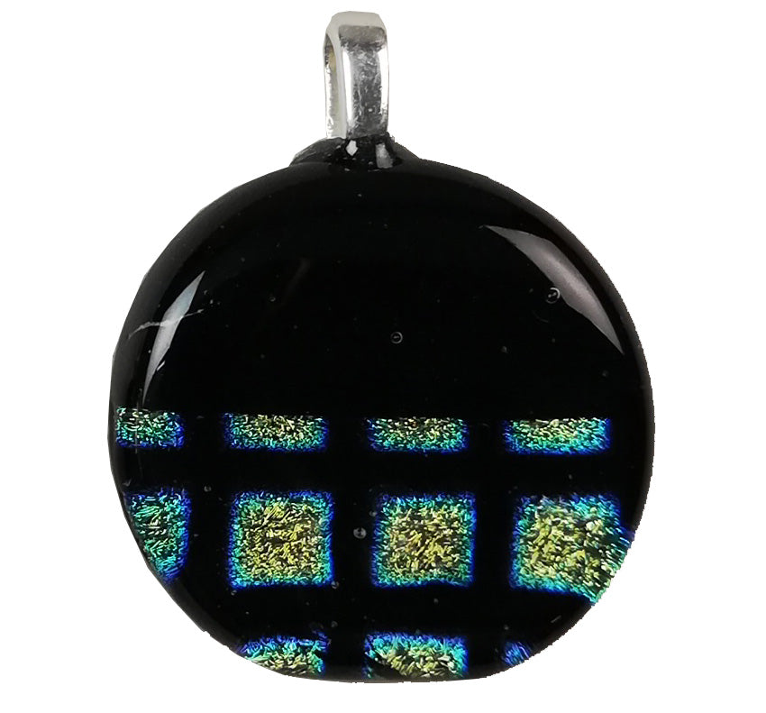Dichroic Glass , Black Green Mesh  ,  round pendant