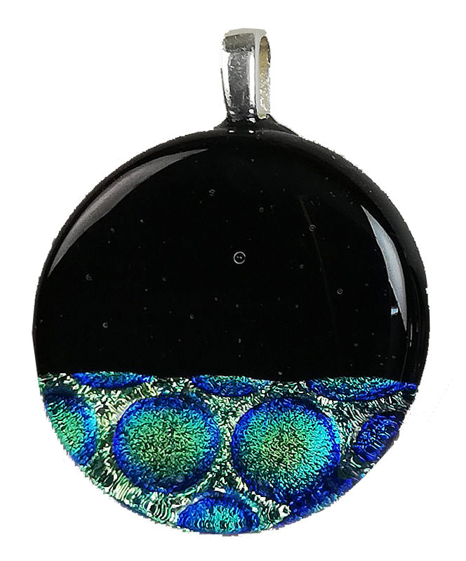 Dichroic Glass , Black, Green Horrigone  ,  round pendant