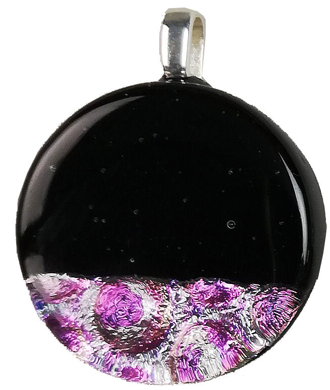 Dichroic Glass , Black, Violet  Horrigone  ,  round pendant