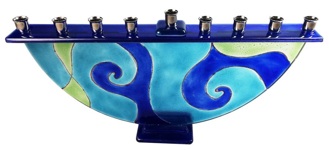 Menorah  or Janukia  Aqua Blue Swirls Pattern  half circle