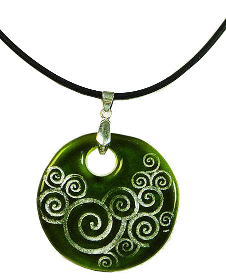 Recycled Glass Bottle Swirls Green Round Necklace