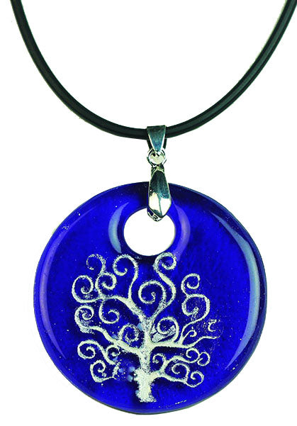 Recycled Glass Bottle Life of Tree Blue Round Necklace
