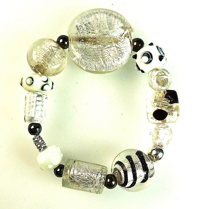 Glass Beads  Bracelet Silver Foil White