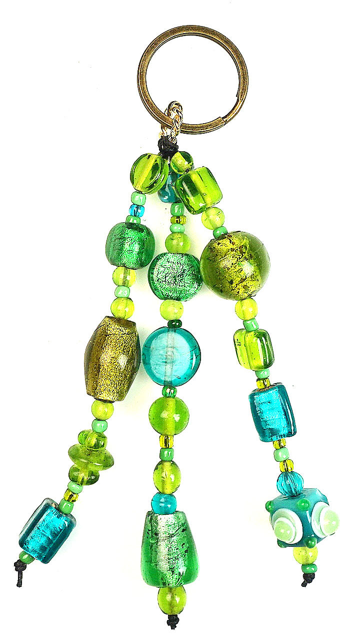 Glass Beads  Keychain Silver Foil Green