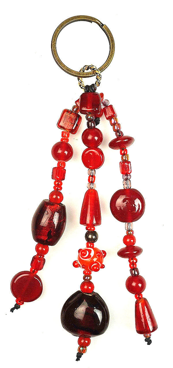 Glass Beads  Keychain Silver Foil Red