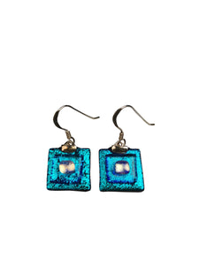 Dichroic Silver Earrings Chess Blue