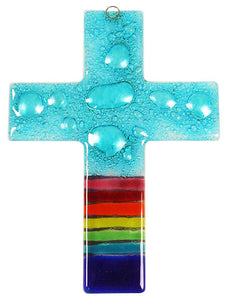 Glass Cross Rainbow Aqua Bubbles Thick